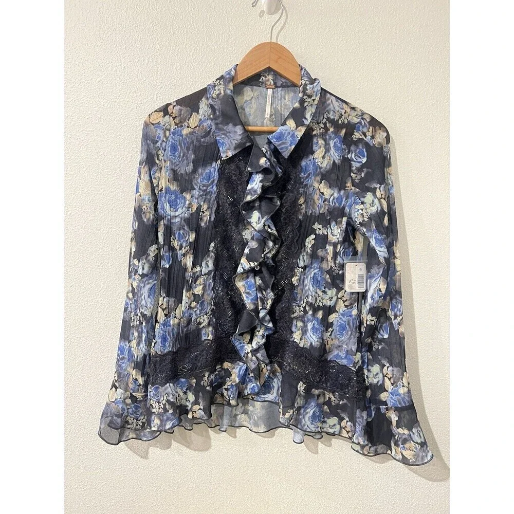 Free People Bad at Love Blouse Sheer Floral Ruffle Sleeve Lace Boho Fairy Whimsy